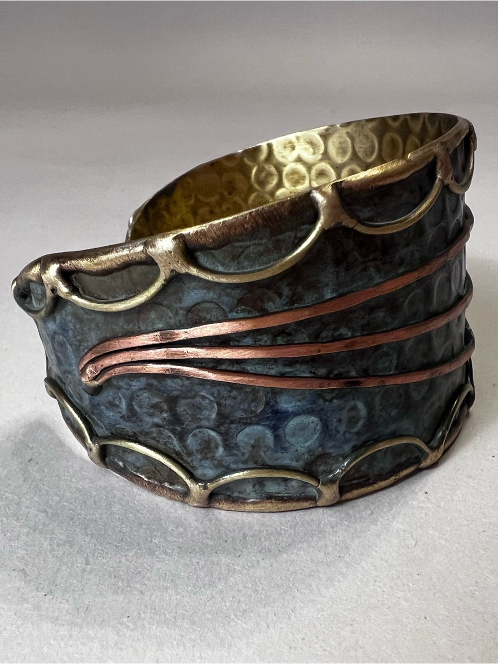 Hammered Mixed-Metal Cuff Bracelet in Patina Blue and Copper